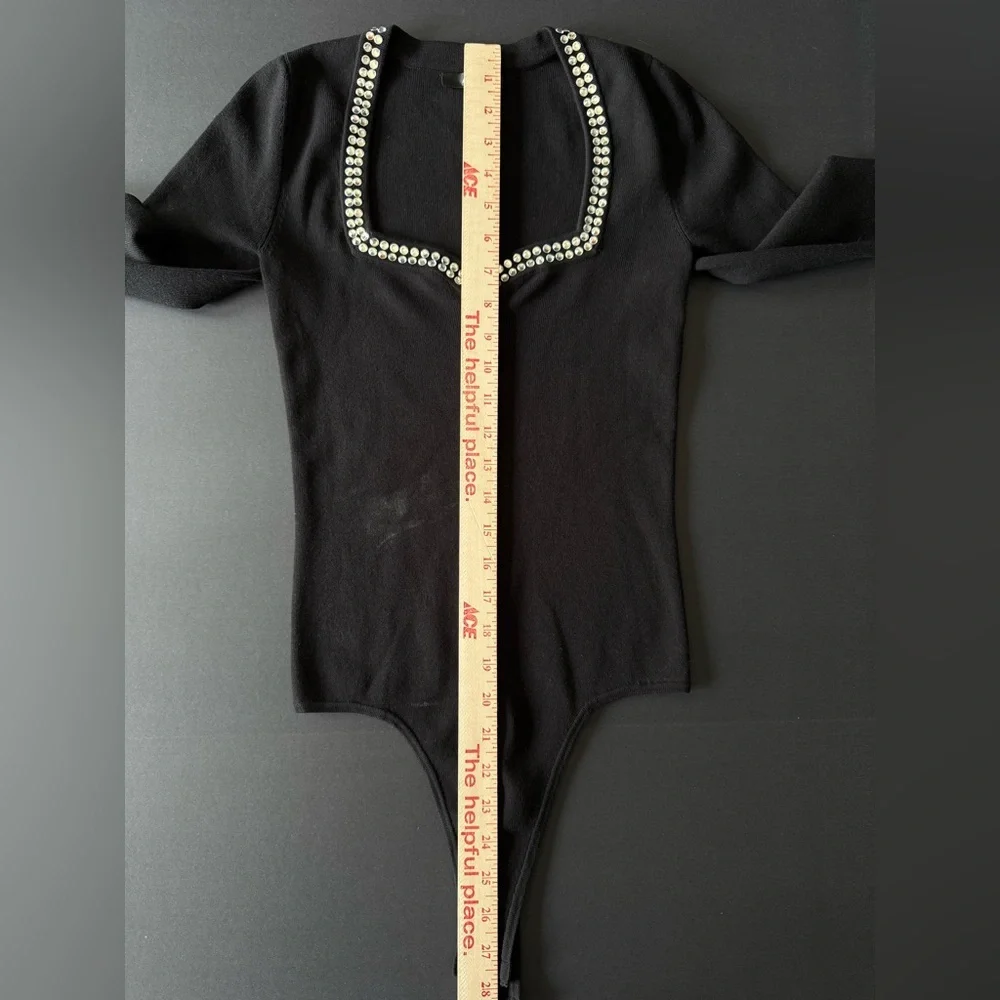Aqua Black Ribbed Bodysuit Women’s Small | Rhinestone Neckline - Picture 7 of 9